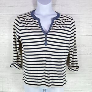 Lauren Ralph Lauren XL women navy blue white striped henley blouse nautical knit